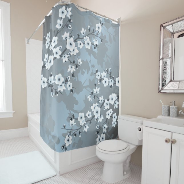 Rideaux De Douche Fleur cerise Dusty Bleu Floral (En situation)