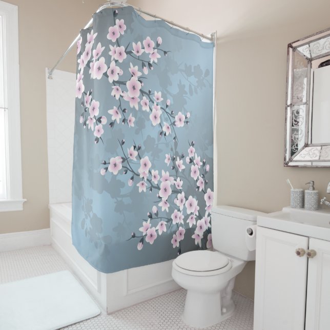 Rideaux De Douche Fleur de cerisier bleu rose pâle (En situation)