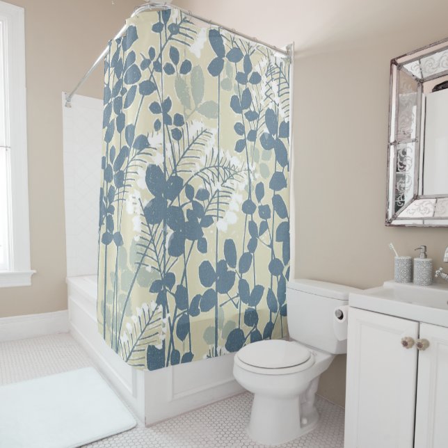 Rideaux De Douche Fleur de feuille bleue asiatique japonaise (En situation)