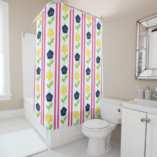 Rideaux De Douche Fleur de l'art populaire rayée - Navy Jaune Rose C