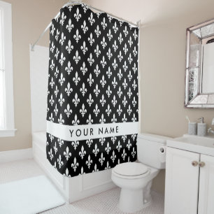 Rideaux De Douche Fleur de Lis, Blanc sur Noir, Blanc, Votre Nom