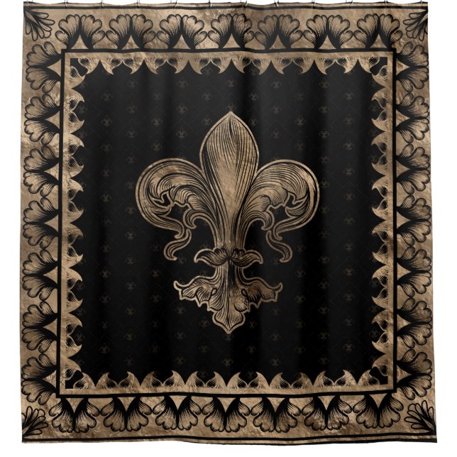 Rideaux De Douche Fleur de lis - Noir et Or (Devant)