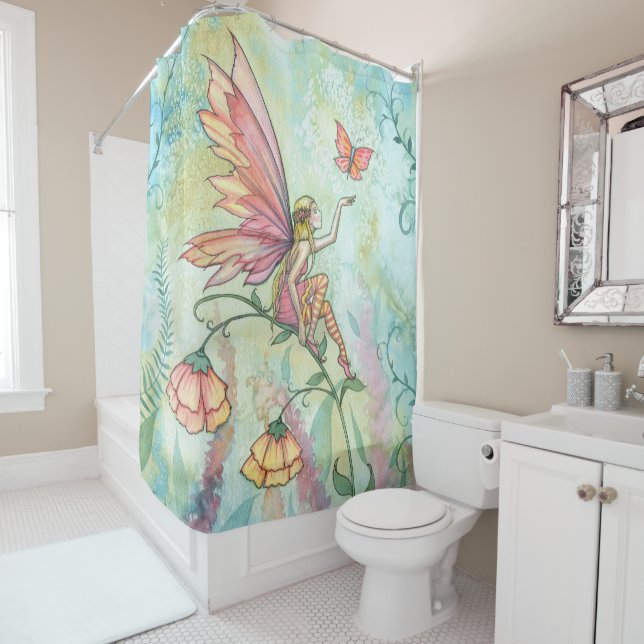 Rideaux De Douche Fleur Fée Aquarelle Illustration Lumineuse Airy (En situation)