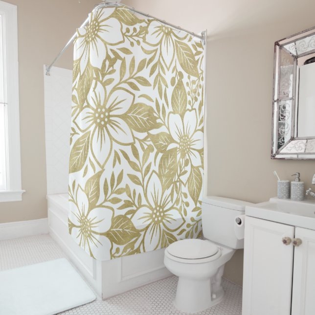 Rideaux De Douche Fleur florale moderne or (En situation)