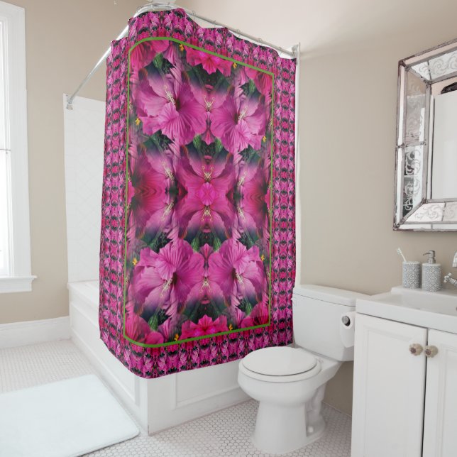 Rideaux De Douche Fleur Hibiscus rose Multiplié Abstrait (En situation)