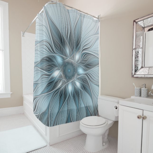Rideaux De Douche Fleur Joyeuse Abstrait gris bleu floral Fractal (En situation)