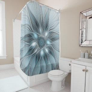 Rideaux De Douche Fleur joyeuse abstraite florale fractale bleue gri