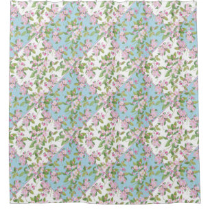 Rideaux De Douche Fleur rose sur le papier à écaille bleu et blanc