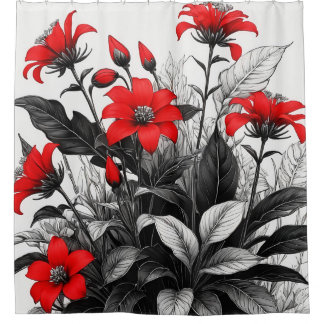 Rideaux De Douche Fleur rouge sur Plante noir blanc