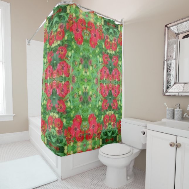 Rideaux De Douche Fleur rouge Zinnia de fond Motif Abstrait (En situation)