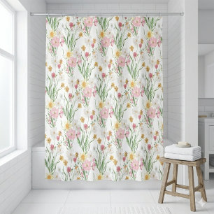 Rideaux De Douche Fleur sauvage aquarelle verte rose