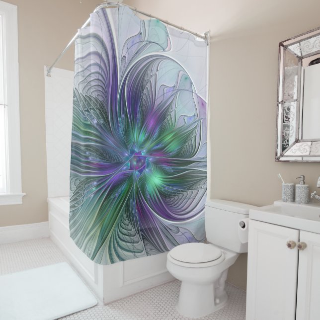 Rideaux De Douche Fleur vert violet Art Abstrait moderne Fractal (En situation)