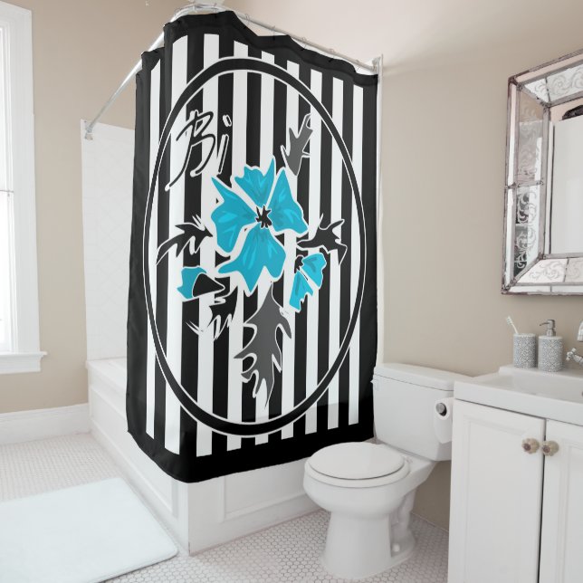 Rideaux De Douche Fleurs abstraites bleues floral blanc noir (En situation)
