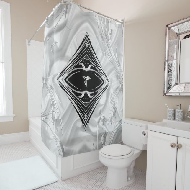 Rideaux De Douche Fleurs Abstraites en argent sur soie & art (En situation)