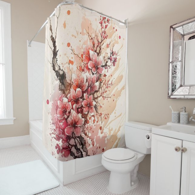 Rideaux De Douche Fleurs Aquarelle Fleur de Cerisier Rose Rouge Flor (En situation)