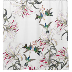 Rideaux De Douche Fleurs asiatiques de lis d'oiseau de colibri