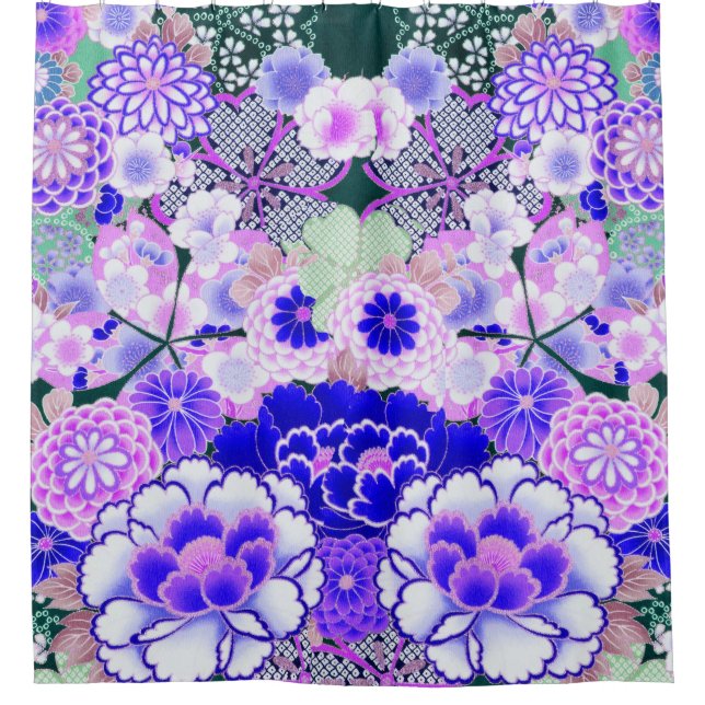 Rideaux De Douche FLEURS BLANCHES BLEUES PIONNIÈRES, Floral japonais (Devant)