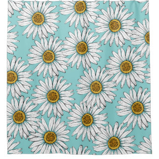 Rideaux De Douche Fleurs blanches marguerites sur Pat vintage bleu s