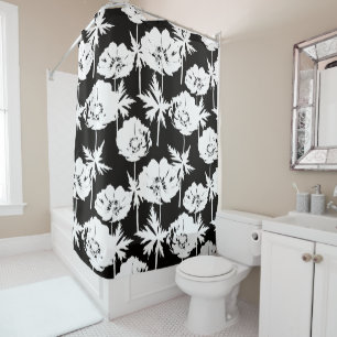 Rideaux De Douche Fleurs blanches sur noir.