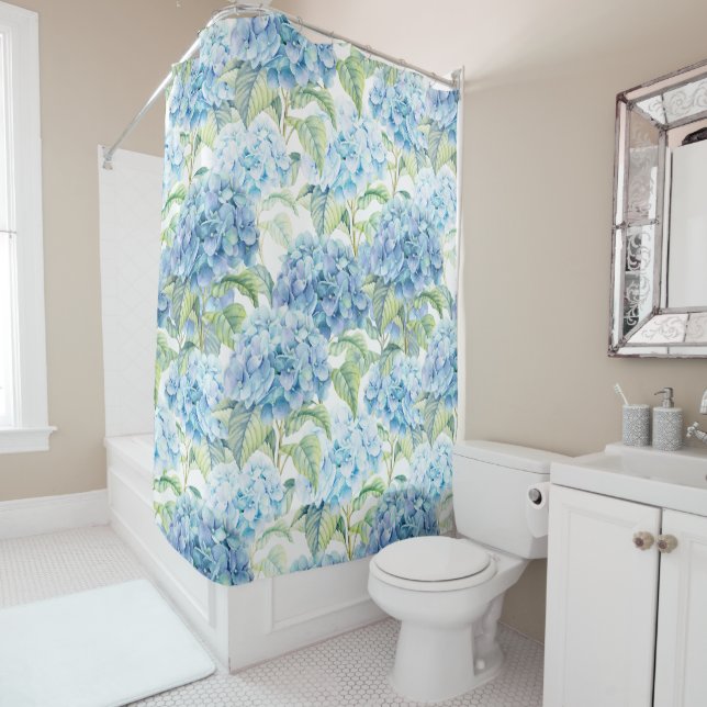 Rideaux De Douche Fleurs bleues d'hortensia d'aquarelle (En situation)