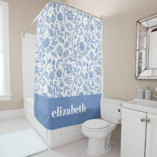Rideaux De Douche Fleurs bleues et blanches, nom personnalisé, botan