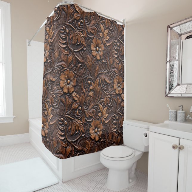 Rideaux De Douche Fleurs Brown Western Cowgirl (En situation)