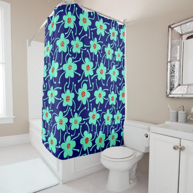 Rideaux De Douche Fleurs concurrentes - Turquoise et rouge sur Deep  (En situation)