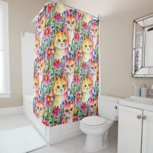 Rideaux De Douche Fleurs d'aquarelle et chats en gros colorés