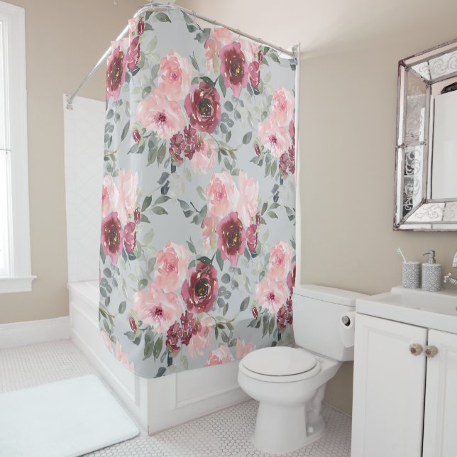 Rideaux De Douche Fleurs de bleus et de Bourgogne gris (En situation)