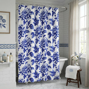 Rideaux De Douche Fleurs de dahlia bleues et blanches Toile de Jouy