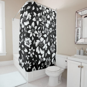 Rideaux De Douche Fleurs de feuilles florales modernes noir blanc qu
