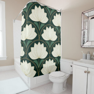 Rideaux De Douche Fleurs de lotus Art Déco sur motif d'éventails dor