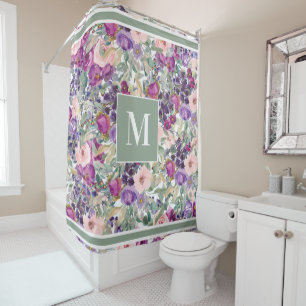 Rideaux De Douche Fleurs de monogramme rose violet bohème vert