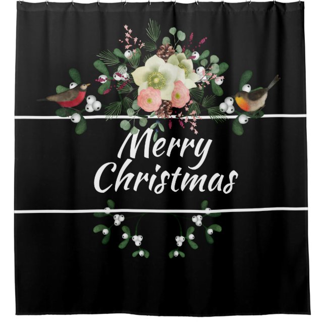 Rideaux De Douche Fleurs de Noël aux oiseaux, Joyeux Noël (Devant)