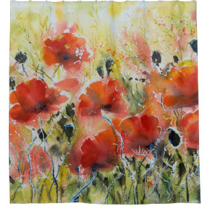 Rideaux De Douche Fleurs de pavot rouge, aquarelle douce.