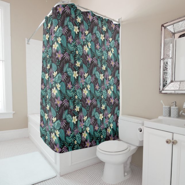 Rideaux De Douche Fleurs de Plumeria Emerald Green Feuilles tropicau (En situation)