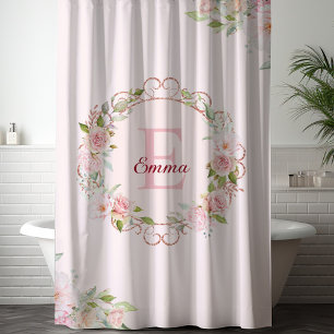 Rideaux De Douche Fleurs de rose rose blush aquarelle à monogramme f