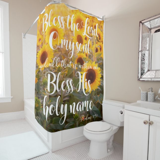 Rideaux De Douche Fleurs de soleil avec Béni soit le Seigneur Bible  (En situation)