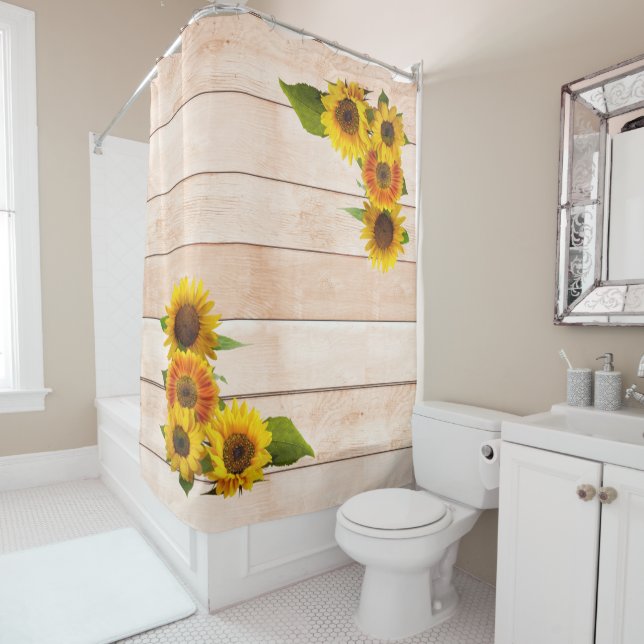 Rideaux De Douche Fleurs de soleil rustiques sur bois (En situation)