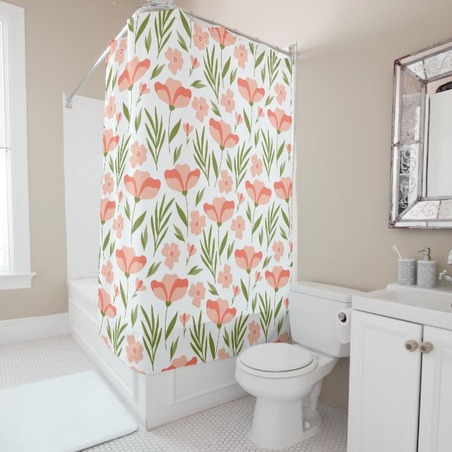 Rideaux De Douche Fleurs d'été rose vert Motif de feuillage (En situation)