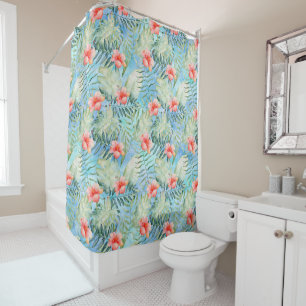 Rideaux De Douche Fleurs d'Hibiscus Bleu Aqua Tropical