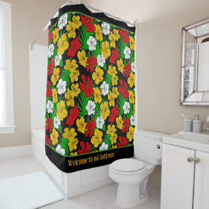 Rideaux De Douche Fleurs d'Hibiscus tropicaux à motif noir