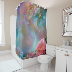 Rideaux De Douche Fleurs D'Imaginaire Peintes En Rose Et Turquoise