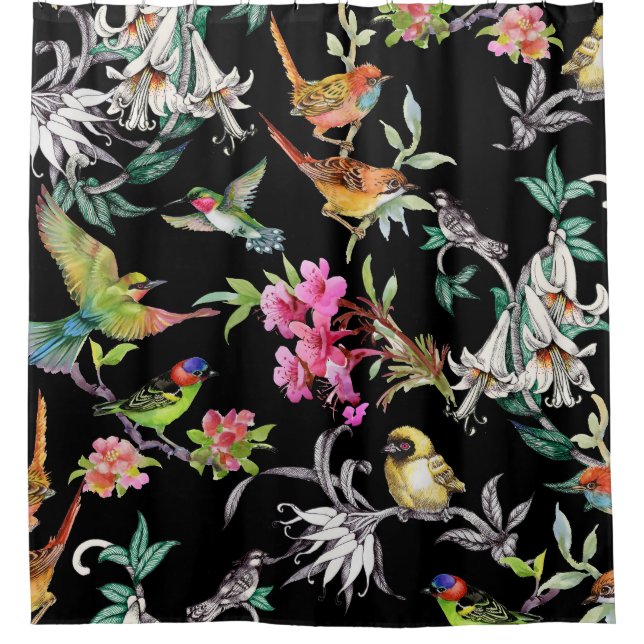 Rideaux De Douche Fleurs d'oiseaux tropicaux : Motif d'aquarelle (Devant)