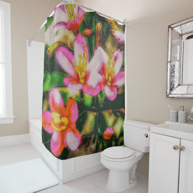 Rideaux De Douche Fleurs éclaboussées de rose (En situation)
