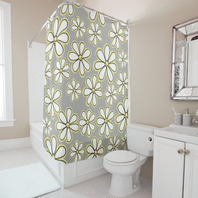 Rideaux De Douche Fleurs Faisy Blanches Et Jaunes Modernes Gris (En situation)