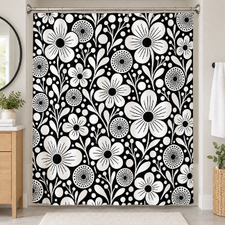 Rideaux De Douche Fleurs fantaisistes noir et blanc