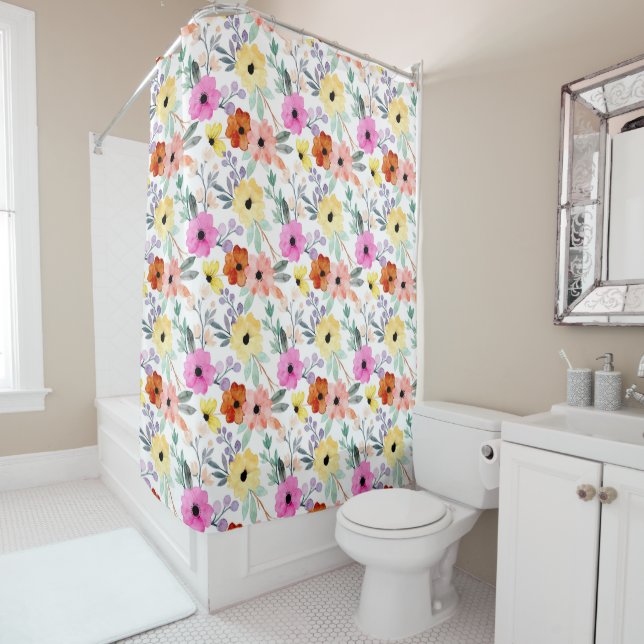 Rideaux De Douche Fleurs Florales Aquarelle Rose, Rouge, Jaune (En situation)