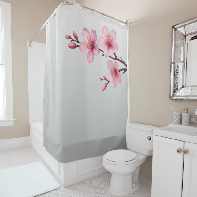 Rideaux De Douche Fleurs florales de cerisier rose gris (En situation)