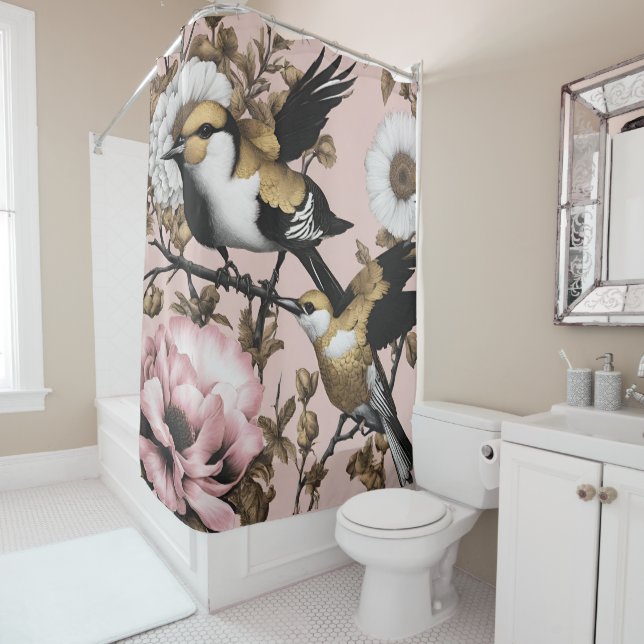 Rideaux De Douche Fleurs Gras Oiseaux Rose Or Moderne (En situation)